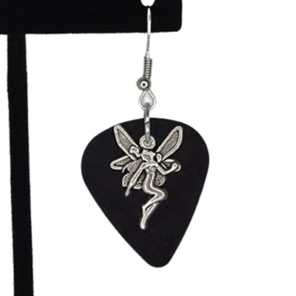 HAND Crafted Drop Earrings Recycled Guitar Pick with Fairy Angel Charm - Picture 3 of 7
